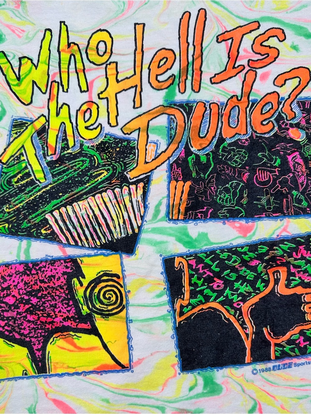 Vintage 1988 DUDE Sportswear Neon Surf Tee XL Single Stitch Boxy Cropped 80s - Picture 3 of 14